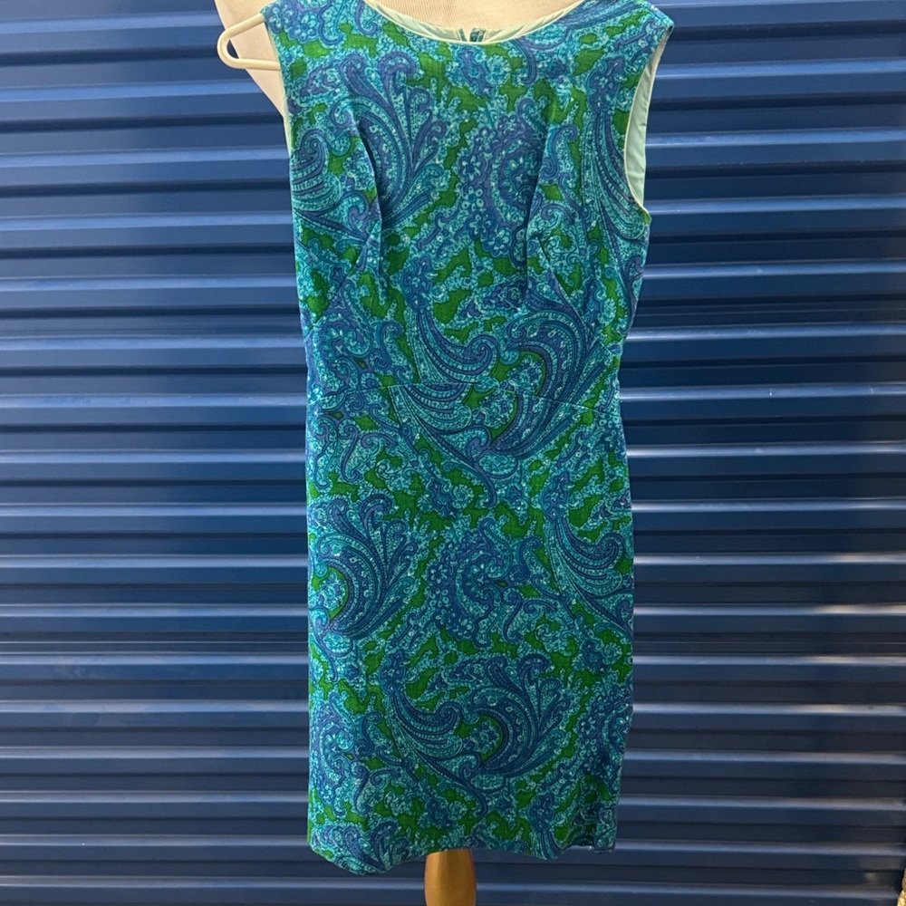 Vintage 60s Blue & Green Paisley Sheath Midi Dress